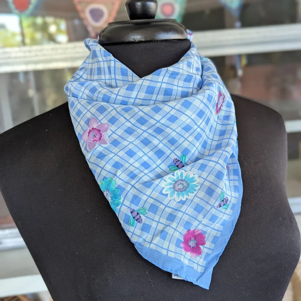 Vintage 80s Elaine Gold Silk Floral Blue Checkered Scarf Cottagecore Boho